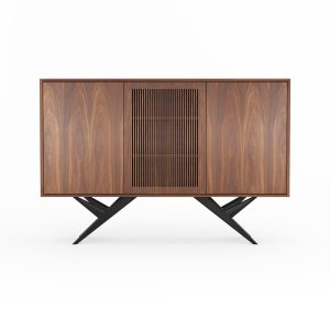 Walnut highboard with three slatted doors and organic shape base in mid century modern style, dresser, commode, media cabinet console
