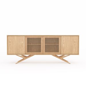 Oak long sideboard with four slatted doors and organic shape base in mid century modern style, highboard, commode, TV stand, dresser