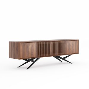 Walnut long sideboard with four slatted doors and organic shape base in mid century modern style, dresser, commode, TV stand, media console