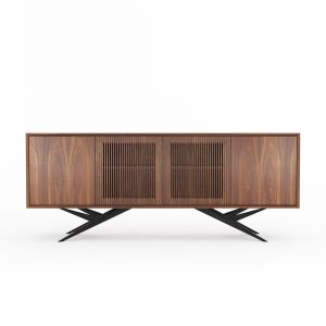 Walnut long buffet sideboard with four slatted doors and organic shape base in mid century modern style, dresser, commode, TV stand