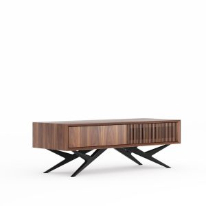 Walnut small lowboard, TV stand with slatted door one drawer and organic shape base in mid century modern style, dresser, media console