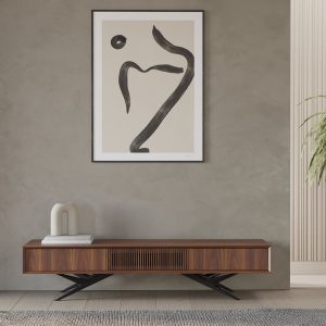 Walnut long tv stand with slatted door, two drawers and organic shape base in mid century modern style, oak lowboard, media console center