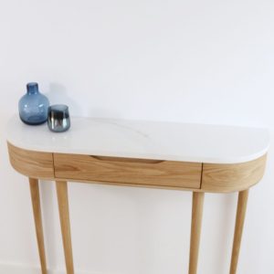 Midcentury console hallway table, Entryway console 1 drawer and 4 Legs in solid American Oak or Walnut with Marble top