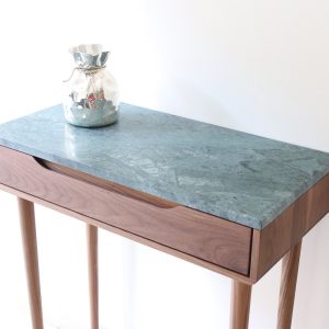 Narrow entryway table with 1 drawer and 4 Legs in solid american Oak or Walnut with Marble top