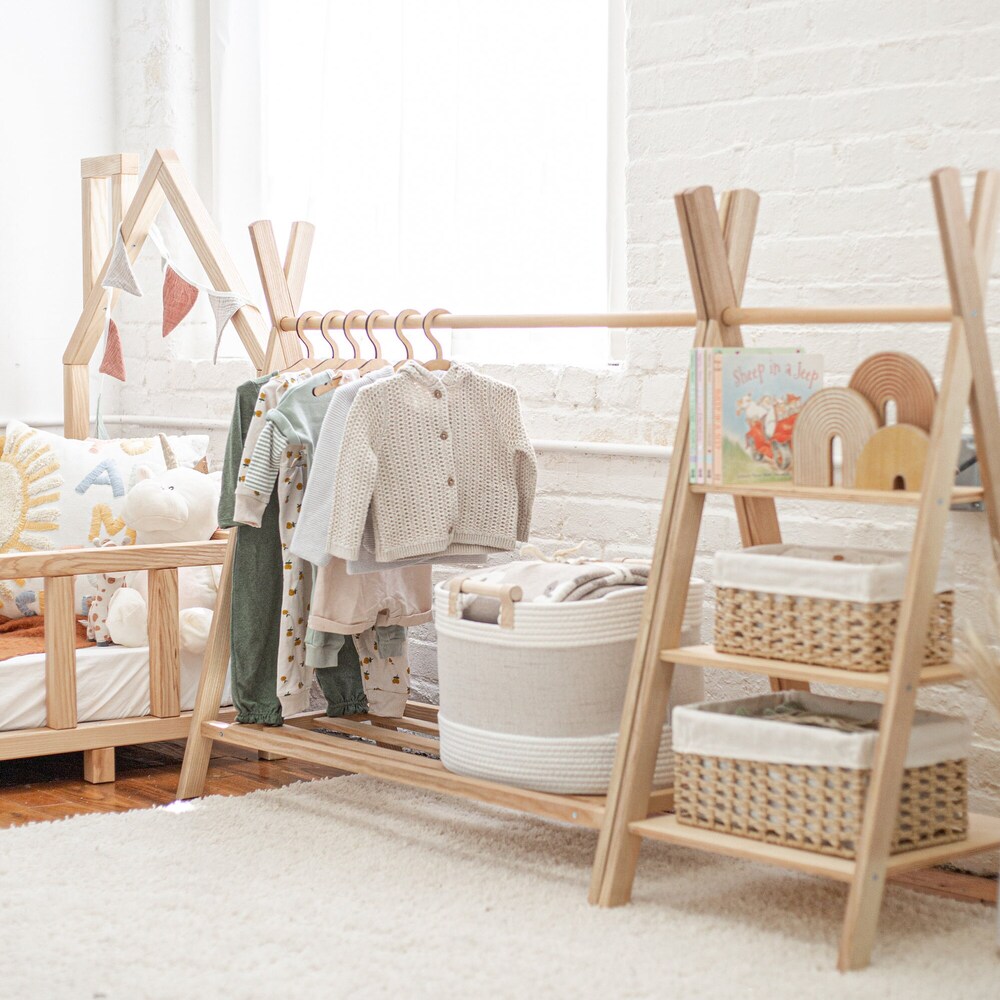 Wooden Clothing Rack with Shelves and Hangers, Newborn Baby Wardrobe, Teepees for kids, Montessori furniture, Nursery Infant Dress Hanger - Image 5