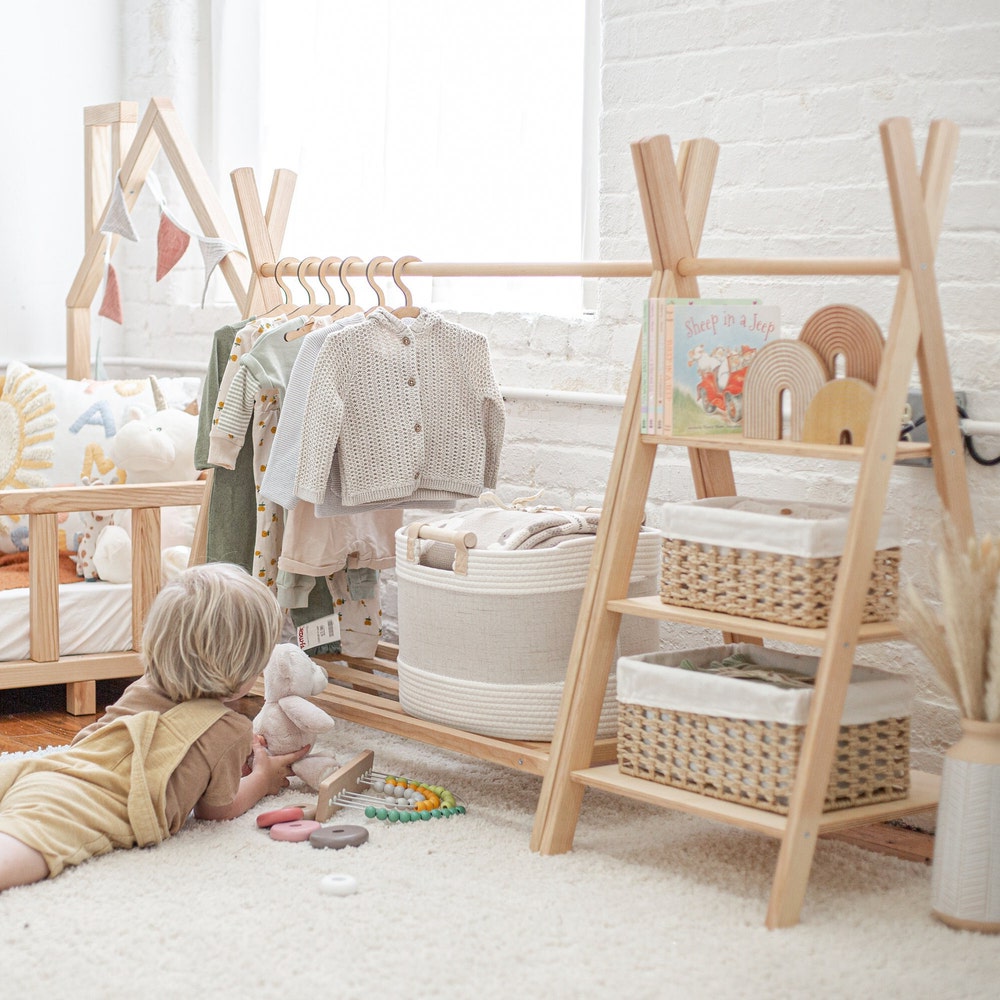 Wooden Clothing Rack with Shelves and Hangers, Newborn Baby Wardrobe, Teepees for kids, Montessori furniture, Nursery Infant Dress Hanger - Image 3