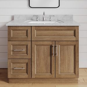 36 Inch Toffee Stained Bathroom Vanity for Single Sink with Drawers on the Left, Brown Stained Solid Wood Bath Cabinet (Pre-Assembled)