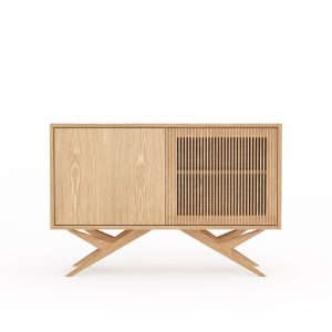 Oak cabinet dresser with two slatted doors and organic shape base in mid century modern style, media console, commode, TV stand, vinyl stand