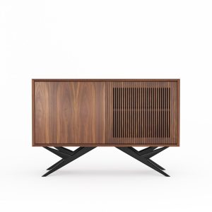 Walnut cabinet with two slatted doors and organic shape base in mid century modern style, credenza, walnut vinyl stand, commode, TV stand