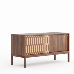 Walnut sideboard with two inlaid sliding doors in mid century modern style, credenza, dresser, commode, walnut veneer, walnut + oak inlay