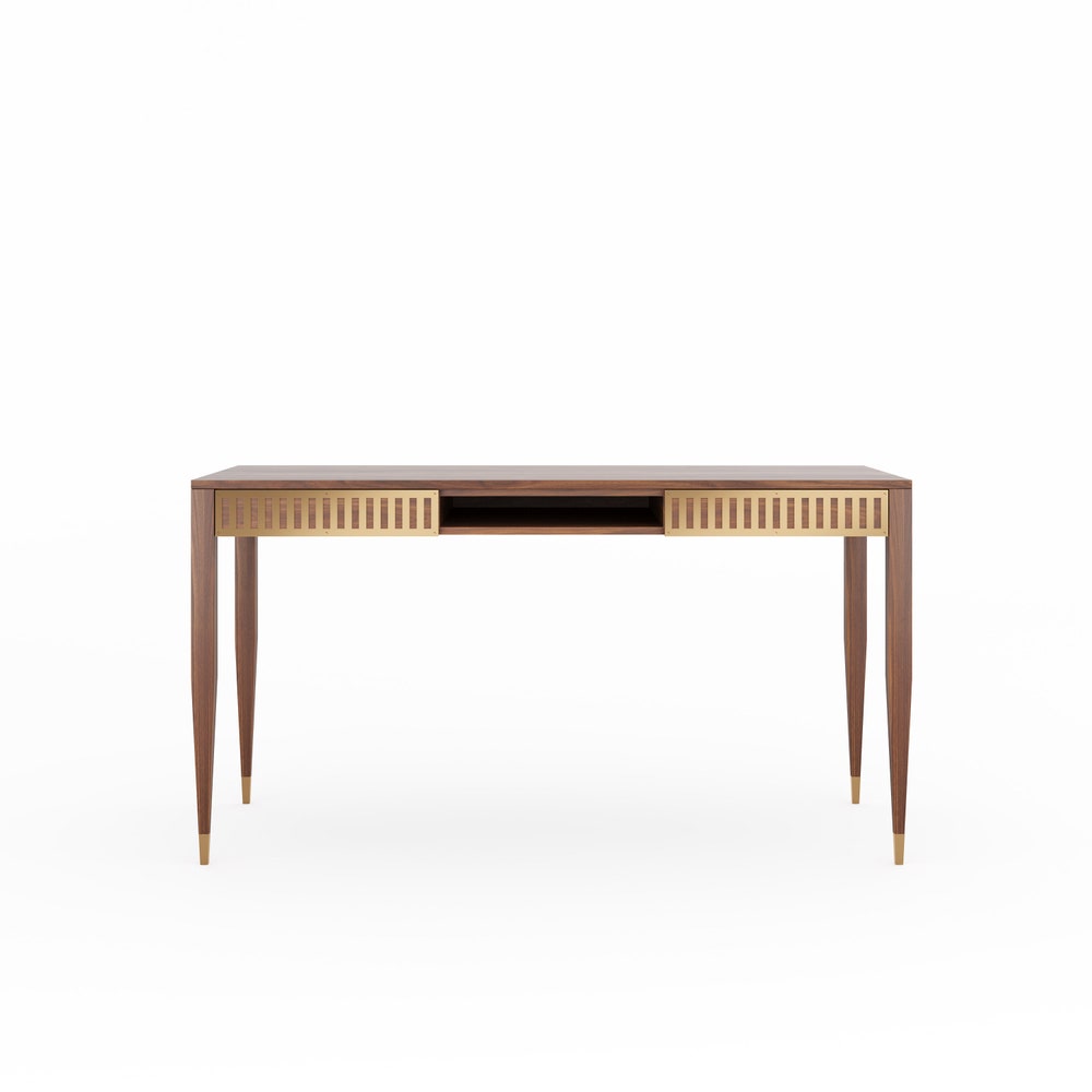 Walnut office desk with two solid walnut drawers and shelf with brass fronts, home office desk, modern, writing desk, solid walnut desk