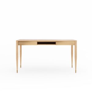 Oak office desk with two solid oak drawers and shelf with brass fronts, mid century modern, study desk, writing desk, solid oak desk