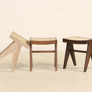 Low Cane Stool/Footstool - Teak and Handwoven Rattan