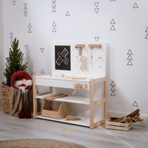 White Wooden Toy WORK BENCH for boys, Montessori Furniture Kids Pretend Play Room Décor, Baby registry item Gift for kids