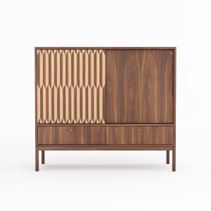 Walnut highboard with two inlaid sliding doors and two drawers in mid century modern style, credenza, dresser, commode, black walnut veneer