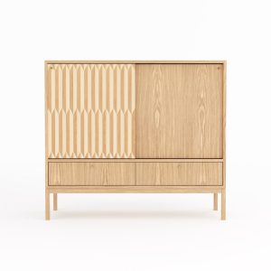 Oak highboard with two inlaid sliding doors and two drawers in mid century modern style, credenza, dresser, commode, made of oak veneer