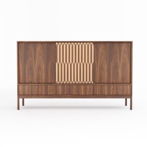 Walnut highboard with three inlaid sliding doors and three drawers in mid century modern style, credenza, dresser, commode, sideboard
