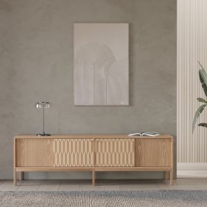 Oak long sideboard with four inlaid sliding doors in mid century modern style, credenza, dresser, commode, oak inlay