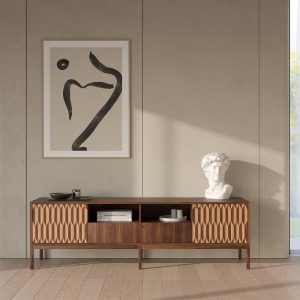 Walnut long sideboard, TV stand with two inlaid doors and one drawer in mid century modern style, credenza, dresser, commode, media cabinet