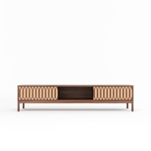 Walnut long lowboard, TV stand with two inlaid drawers in mid century modern style, credenza, dresser, commode, media cabinet center