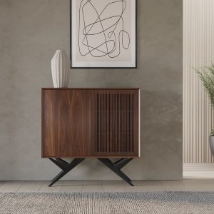 Walnut highboard with two slatted doors and organic shape base in mid century modern style, credenza, dresser, commode, media console
