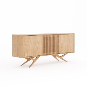 Oak sideboard with three slatted doors and organic shape base in mid century modern style, commode, TV stand, record player stand, credenza