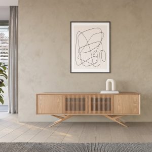 Oak long sideboard with four slatted doors and organic shape base in mid century modern style, dresser, commode, TV stand, media console