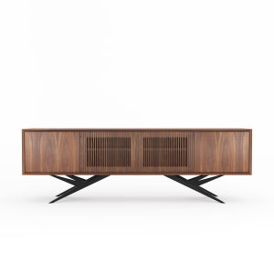 Walnut long buffet with four slatted doors and organic shape base in mid century modern style, dresser, commode, TV stand, media console