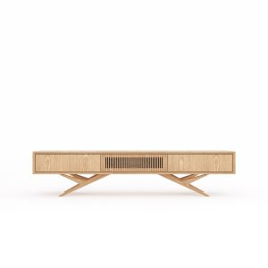 Oak long tv stand with slatted door, two drawers and organic shape base in mid century modern style, oak lowboard, media console center