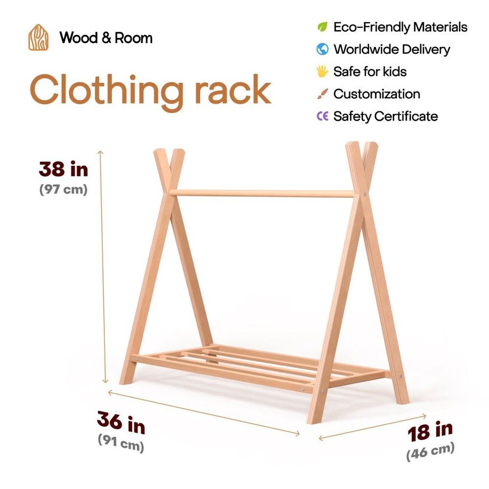 Wooden Clothing Rack with Shelves and Hangers, Newborn Baby Wardrobe, Teepees for kids, Montessori furniture, Nursery Infant Dress Hanger - Image 9