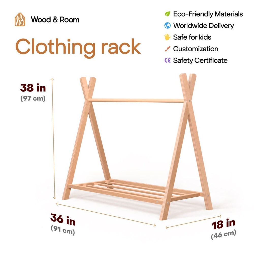 Wooden Clothing Rack with Shelves and Hangers, Newborn Baby Wardrobe, Teepees for kids, Montessori furniture, Nursery Infant Dress Hanger - Image 9