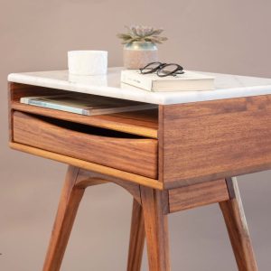 Handmade wooden & marble nightstand with drawer Modern minimalist nightstand for bedroom Vintage-inspired wooden bedside cabinet Scandinavia