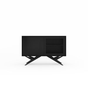 Black oak cabinet dresser with two slatted doors and organic shape base in mid century modern style, media console, TV stand, vinyl stand