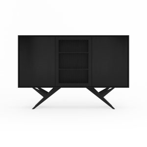 Black oak highboard with three slatted doors and organic shape base in mid century modern style, credenza, dresser, media cabinet console