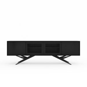 Black oak long sideboard with four slatted doors and organic shape base in mid century modern style, commode, TV stand, black media console