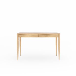 Oak office desk with two solid oak drawers and brass fronts, mid century modern, study desk, writing desk, solid oak desk, bureau, console