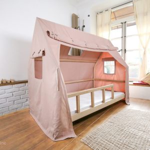 Montessori House Bed, Crib ,Twin, Full, or Queen House Bed Frame + Railings + Slats, Complete with Canopy Cover and Curtain