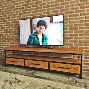 Natural Wood Tv Stand - Carmen / Solid Wooden and Metal Media Console / Modern Industrial Style Tv Unit / Wood and Steel Tv Stand