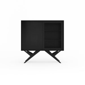 Black oak highboard with two slatted doors and organic shape base in mid century modern style, dresser, commode, media cabinet console