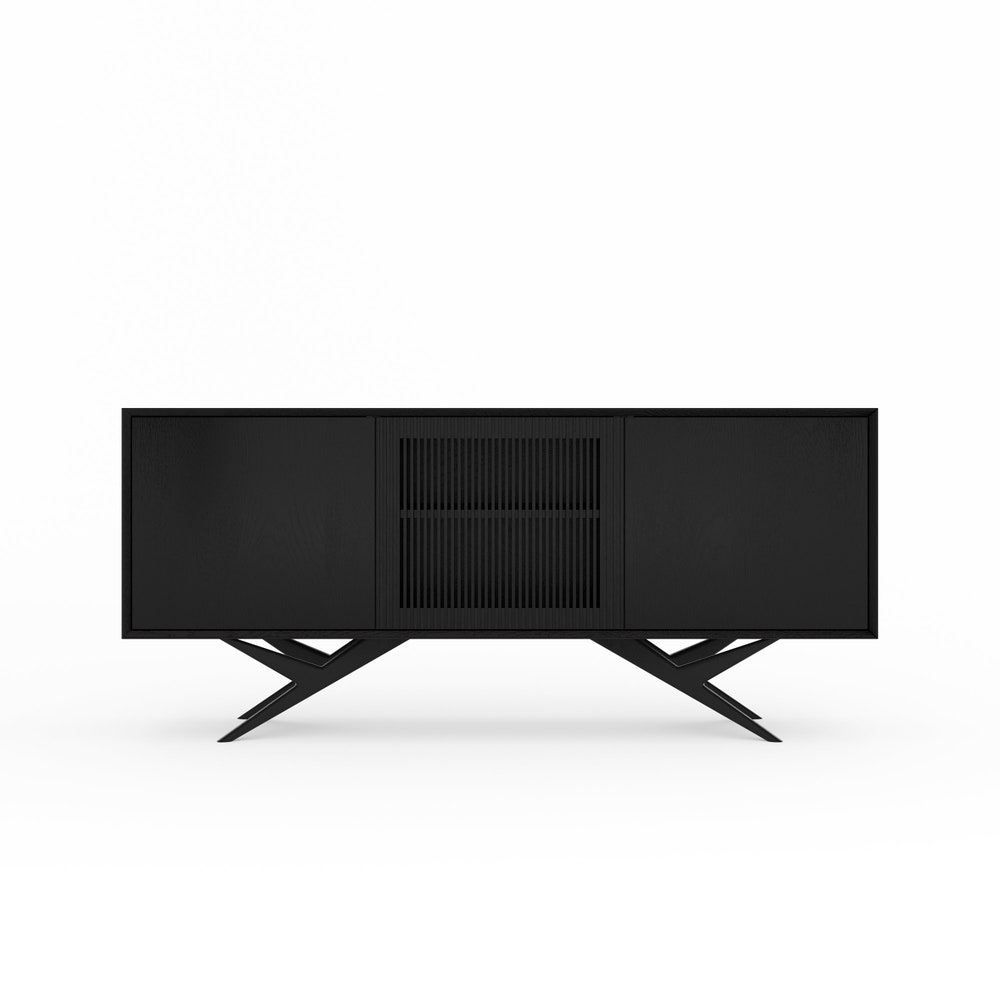Black oak sideboard with three slatted doors and organic shape base in mid century modern style, commode, TV stand, record player stand - Image 2