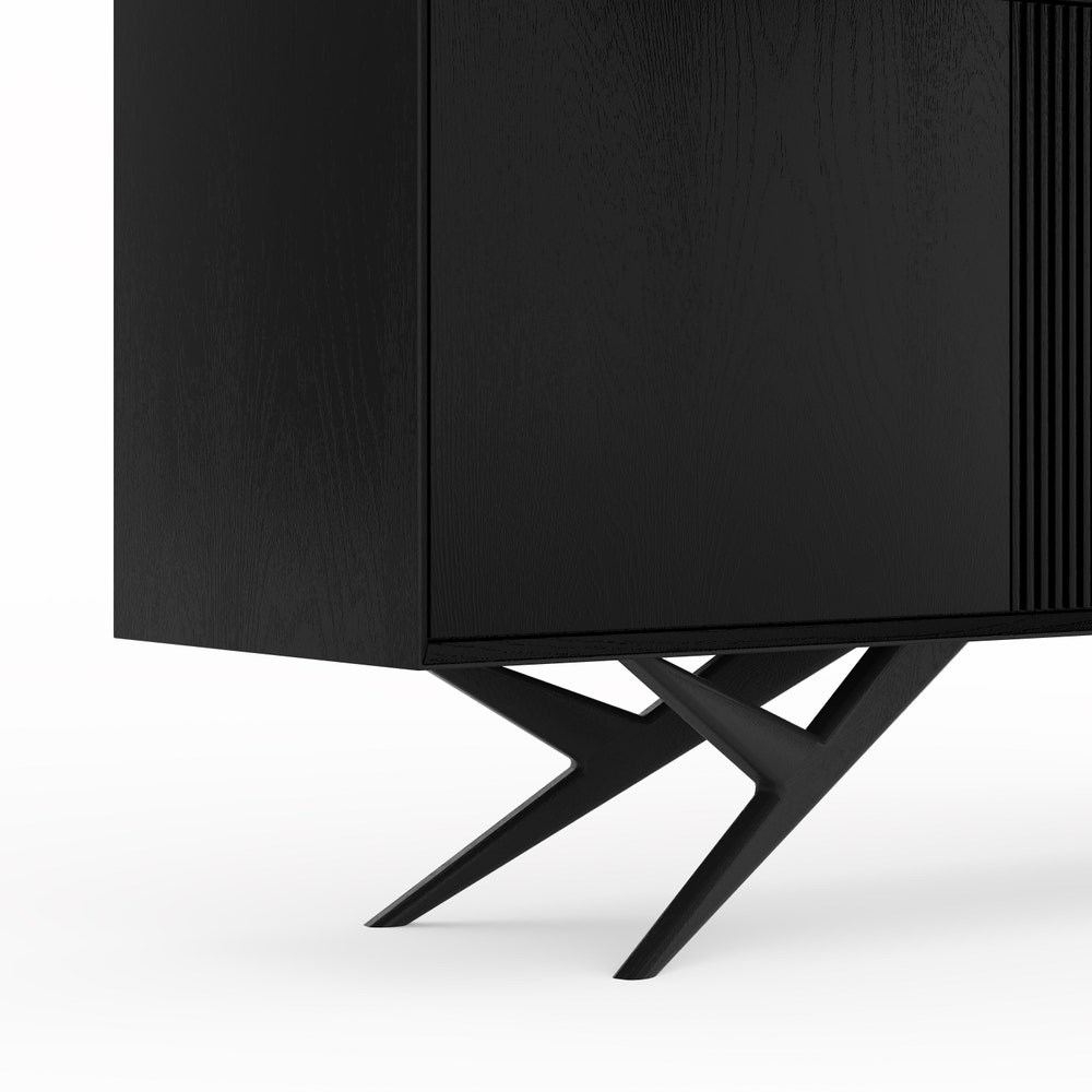 Black oak sideboard with three slatted doors and organic shape base in mid century modern style, commode, TV stand, record player stand - Image 3