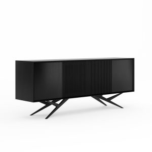 Black oak long sideboard with four slatted doors and organic shape base in mid century modern style, highboard, commode, TV stand, dresser