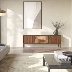 Walnut sideboard with three inlaid sliding doors in mid century modern style, credenza, dresser, commode, black walnut and oak veneer inlay