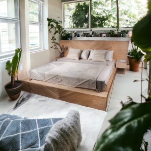 Bed frame Queen for House Warming Gift - King Bed Frame for Farmhouse Decor - Chevron White Oak Bed Frame - Handmade Furniture Platform Bed