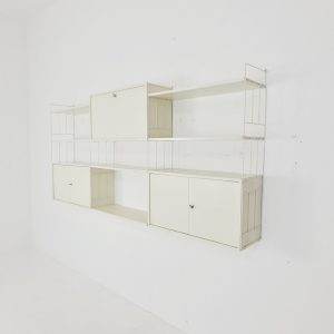 Wall-hanging String shelf system, bookcase with bar cabinet by WHB Germany, 1950s