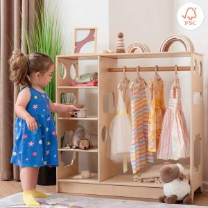 Montessori Wooden Wardrobe for Kids by Woodandhearts, Children's clothing rack with shelves, Wooden Organizer