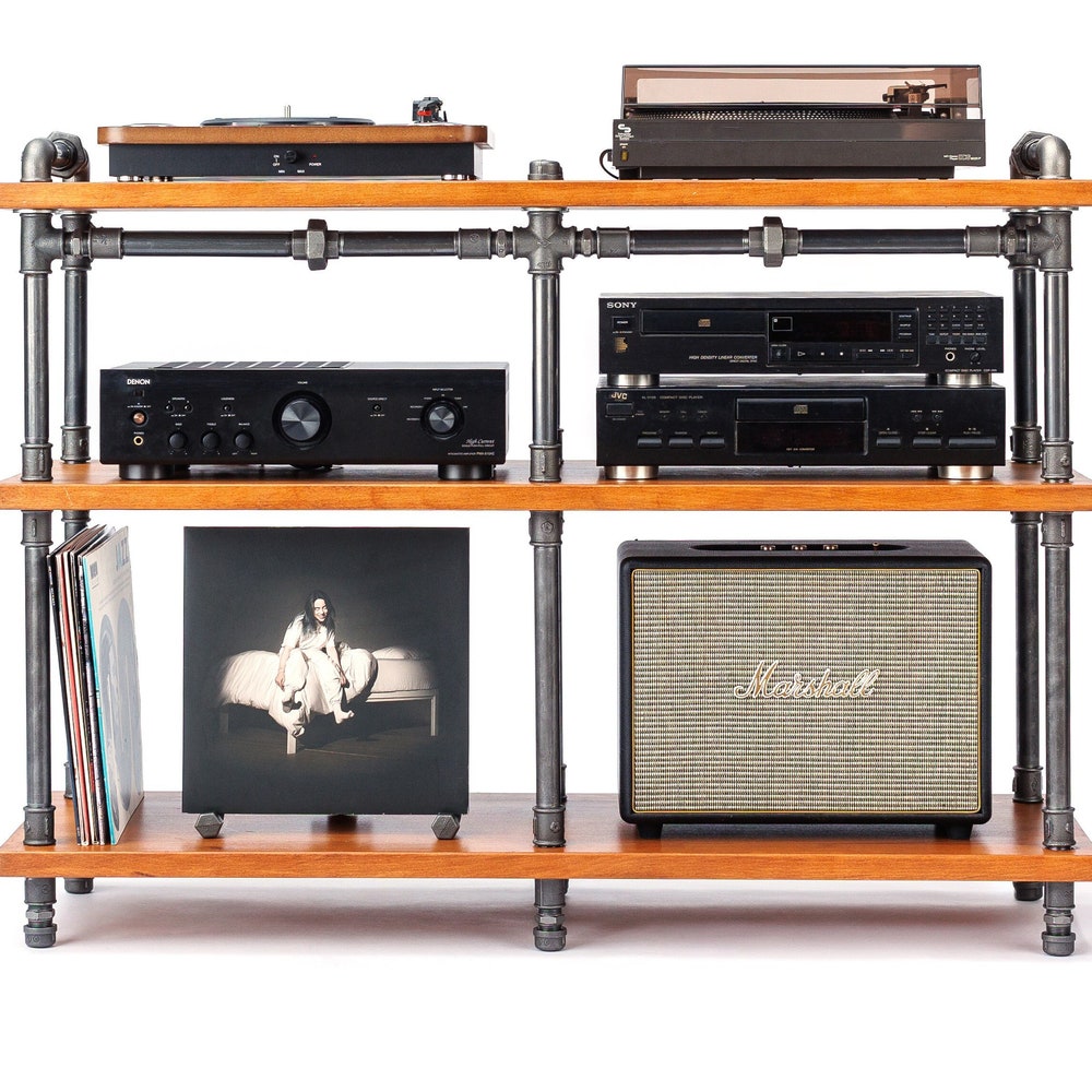 Industrial Pipe Stand, Record player stand, Vinyl record storage, Audiophile rack, Record player console. 3 Tier