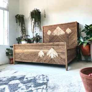 Wooden Bed Frame Handmade Furniture for Room Decor - Three Sisters Mountain Design On Headboard Platform Bed Frame - Low Bed Frame
