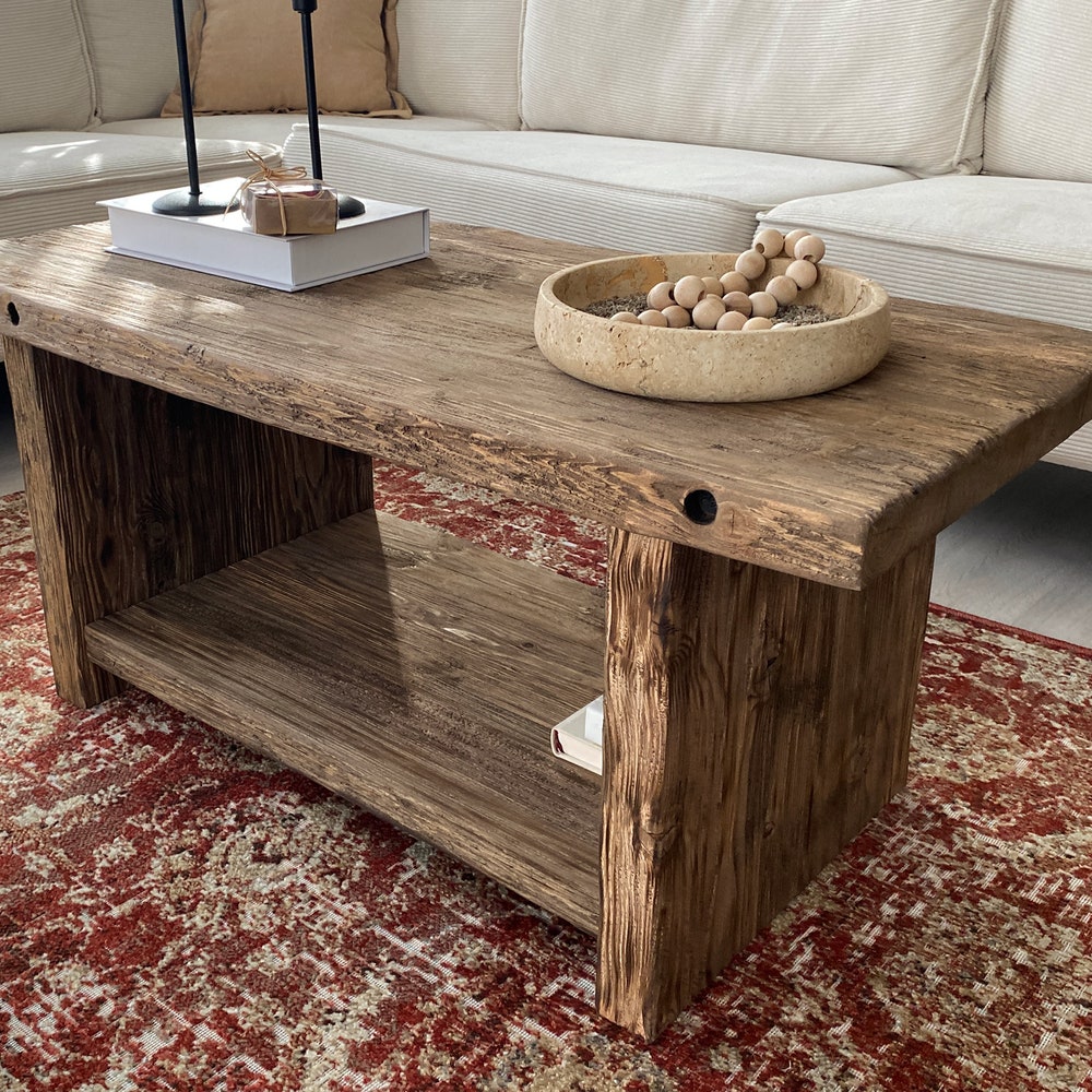 Rustic Wood Coffee Table,Large Coffee Table Reclaimed Wood, Unique Mid Century Top Live Edge Solid Rectangular Custom Farmhouse Wooden Table - Image 7