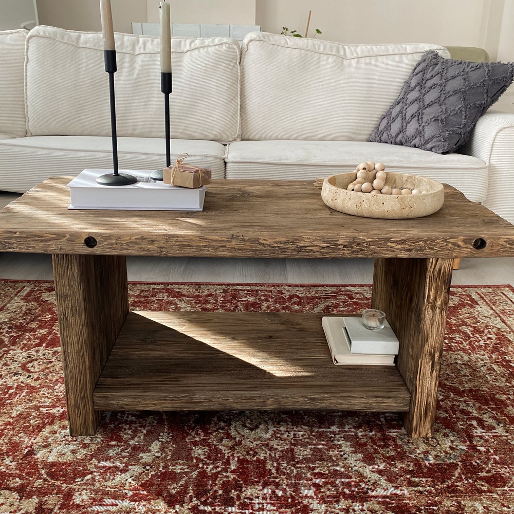 Rustic Wood Coffee Table,Large Coffee Table Reclaimed Wood, Unique Mid Century Top Live Edge Solid Rectangular Custom Farmhouse Wooden Table - Image 11
